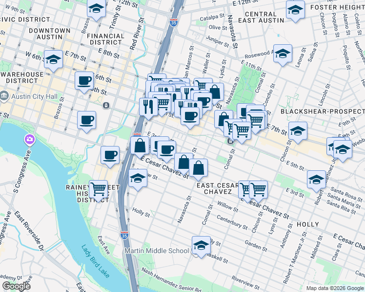 map of restaurants, bars, coffee shops, grocery stores, and more near 308 Waller St in Austin