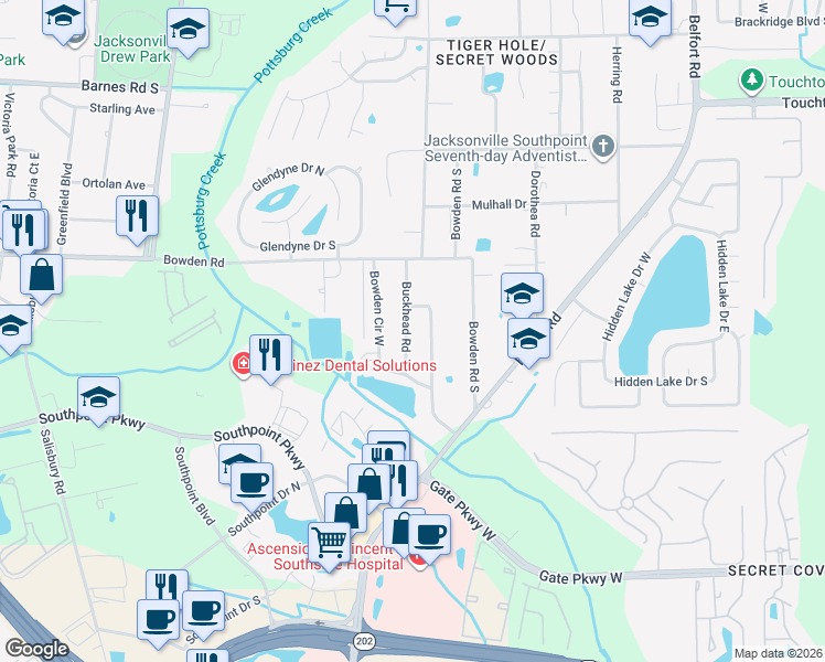 map of restaurants, bars, coffee shops, grocery stores, and more near 7414 Bowden Circle North in Jacksonville
