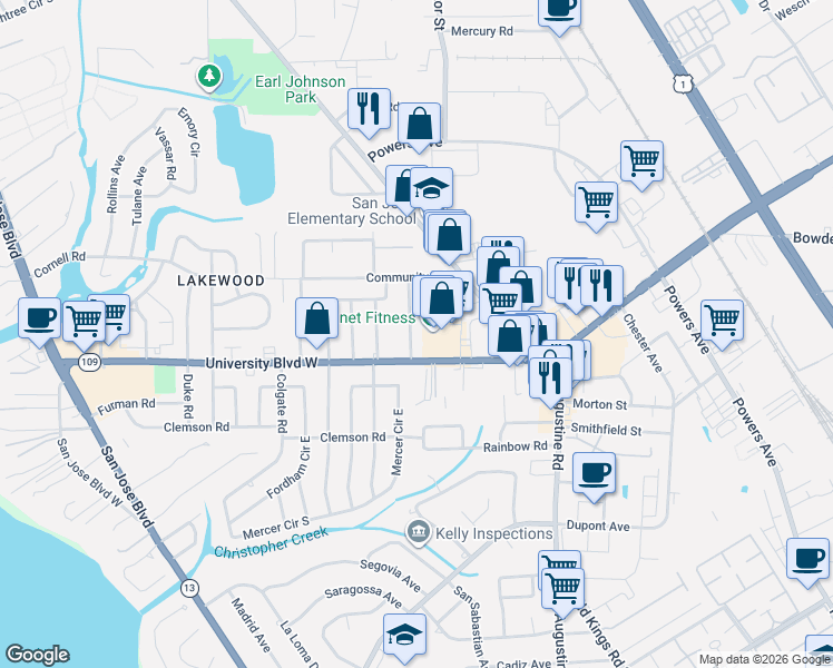 map of restaurants, bars, coffee shops, grocery stores, and more near 5559 Nettie Road in Jacksonville