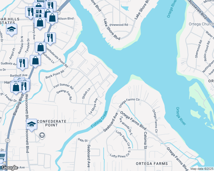 map of restaurants, bars, coffee shops, grocery stores, and more near 4455 Confederate Point Road in Jacksonville