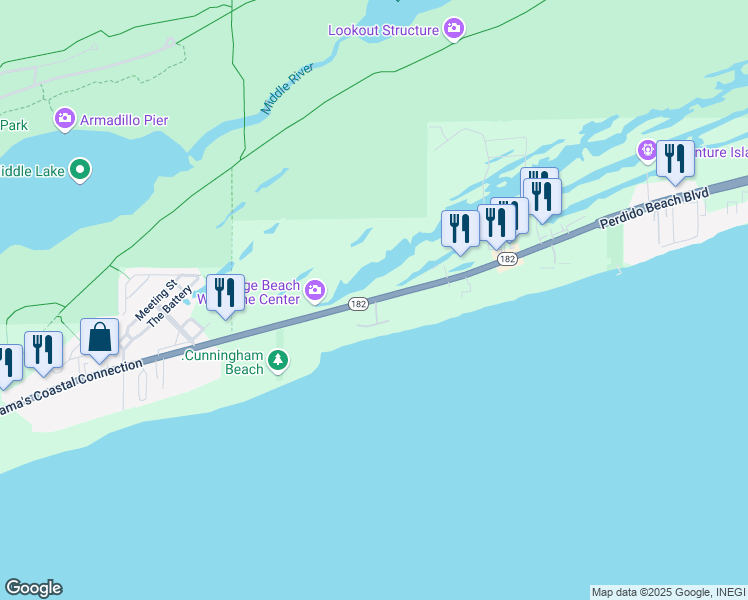 map of restaurants, bars, coffee shops, grocery stores, and more near 23822 Alabama 182 in Orange Beach