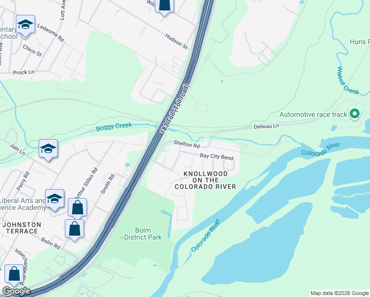map of restaurants, bars, coffee shops, grocery stores, and more near 6815 Shelton Road in Austin