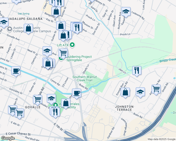 map of restaurants, bars, coffee shops, grocery stores, and more near 1142 Shady Lane in Austin