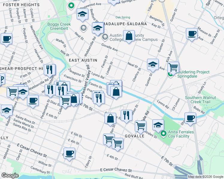 map of restaurants, bars, coffee shops, grocery stores, and more near 3007 1/2 Lyons Road in Austin