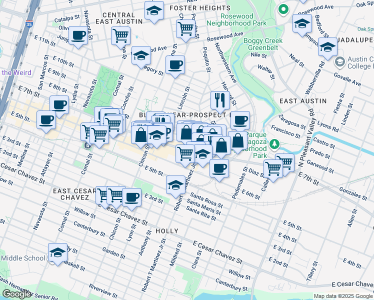 map of restaurants, bars, coffee shops, grocery stores, and more near 2103 East 8th Street in Austin