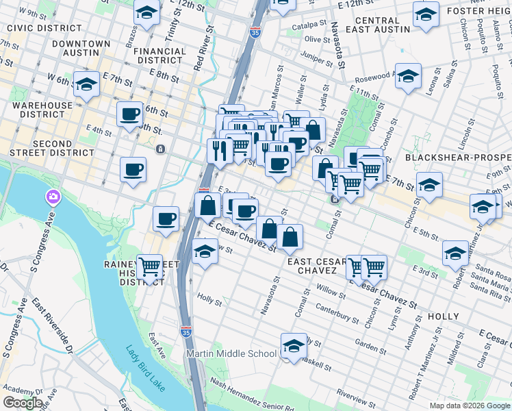 map of restaurants, bars, coffee shops, grocery stores, and more near 1101 East 4th Street in Austin