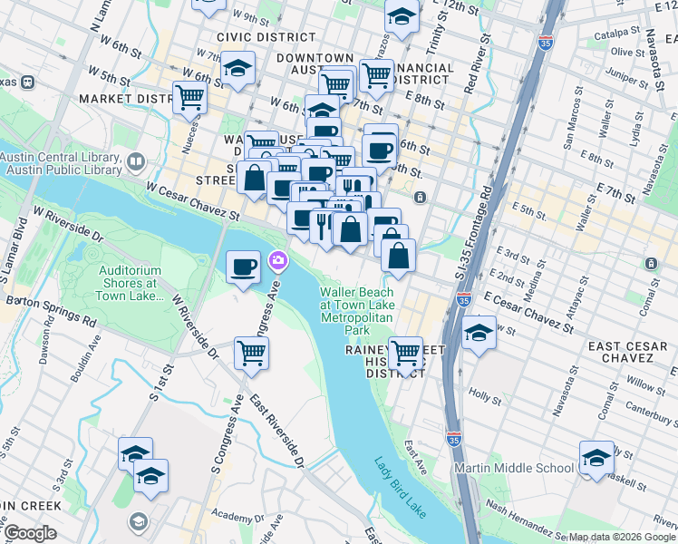 map of restaurants, bars, coffee shops, grocery stores, and more near 98 San Jacinto Boulevard in Austin