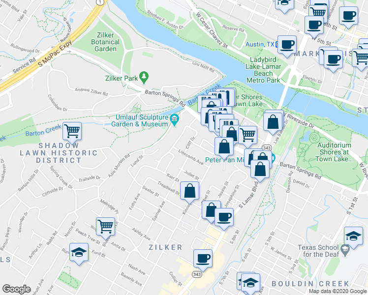 map of restaurants, bars, coffee shops, grocery stores, and more near 603 Barton Boulevard in Austin