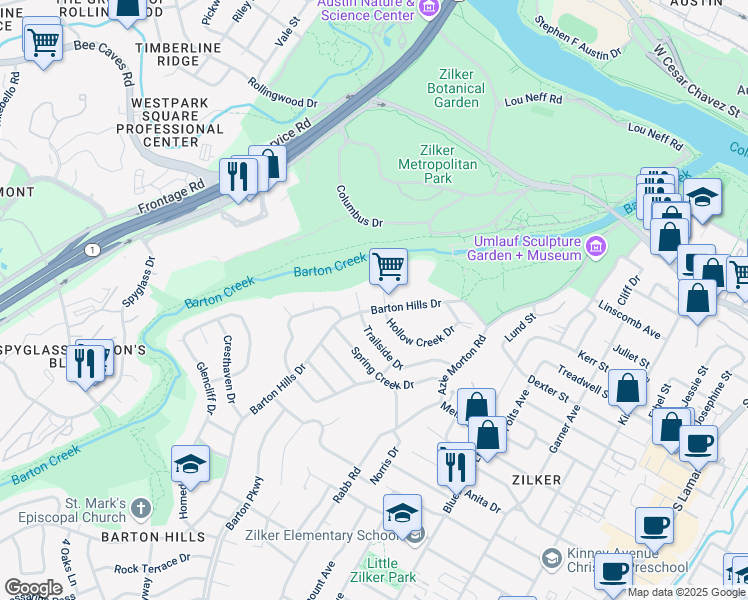 map of restaurants, bars, coffee shops, grocery stores, and more near 2607 Trailside Drive in Austin
