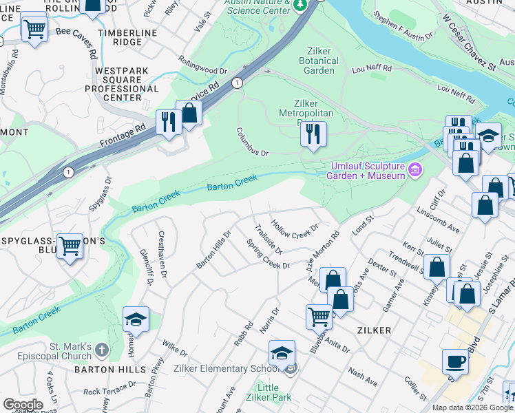 map of restaurants, bars, coffee shops, grocery stores, and more near 2607 Trailside Drive in Austin