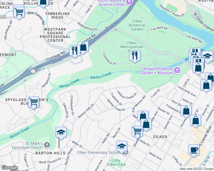 map of restaurants, bars, coffee shops, grocery stores, and more near 2607 Trailside Drive in Austin
