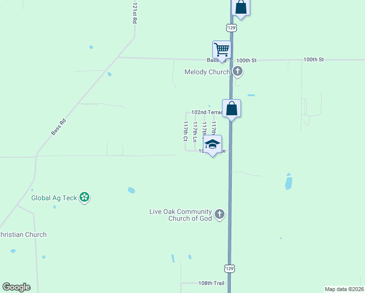 map of restaurants, bars, coffee shops, grocery stores, and more near 10241 117th Court in Live Oak