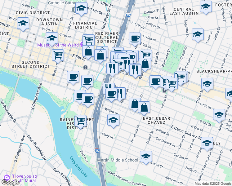 map of restaurants, bars, coffee shops, grocery stores, and more near 912 East 2nd Street in Austin