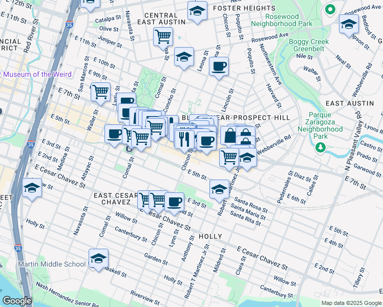 map of restaurants, bars, coffee shops, grocery stores, and more near 1882 East 6th Street in Austin