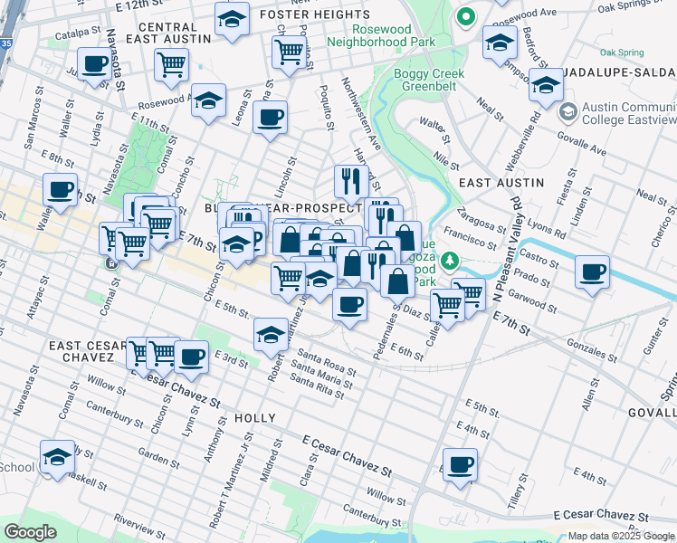 map of restaurants, bars, coffee shops, grocery stores, and more near Webberville Road & Morelos Street in Austin