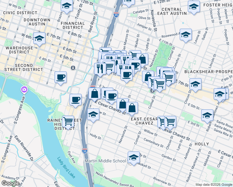 map of restaurants, bars, coffee shops, grocery stores, and more near 1101 East 4th Street in Austin