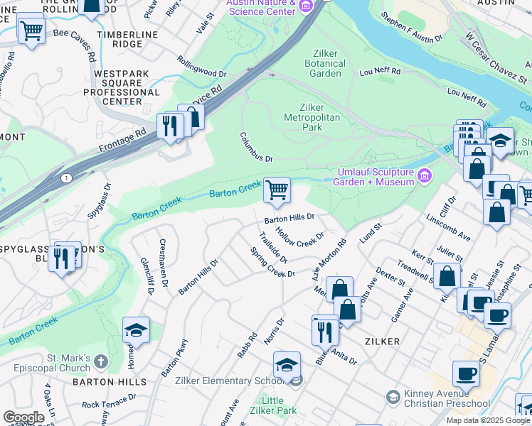 map of restaurants, bars, coffee shops, grocery stores, and more near 2607 Trailside Drive in Austin