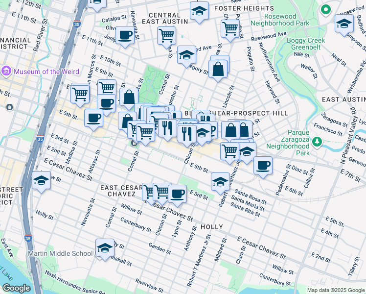 map of restaurants, bars, coffee shops, grocery stores, and more near 1801 East 6th Street in Austin
