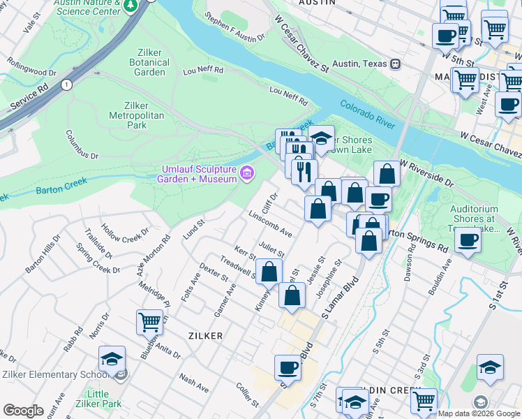 map of restaurants, bars, coffee shops, grocery stores, and more near 603 Barton Boulevard in Austin