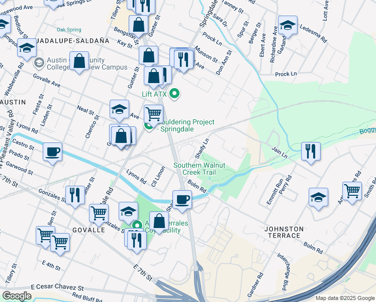 map of restaurants, bars, coffee shops, grocery stores, and more near 1120 Shady Lane in Austin