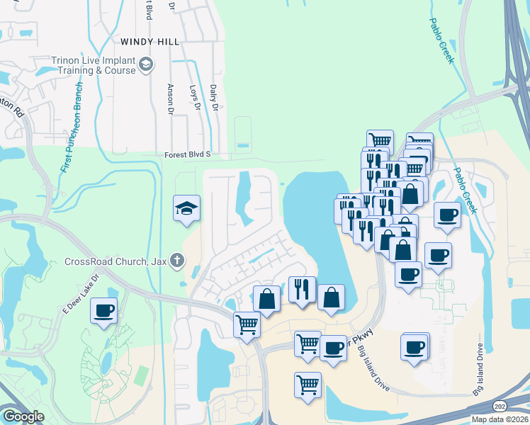 map of restaurants, bars, coffee shops, grocery stores, and more near 4559 Ecton Lane East in Jacksonville