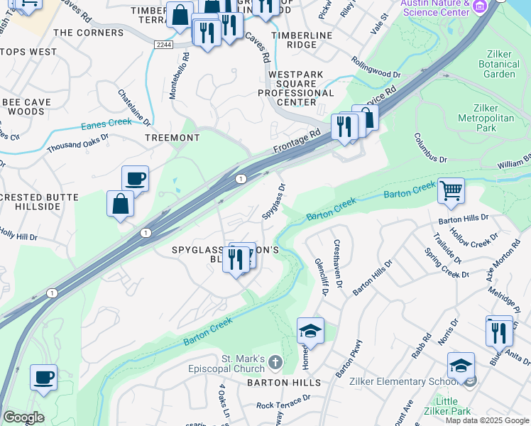 map of restaurants, bars, coffee shops, grocery stores, and more near 1233 Spyglass Drive in Austin