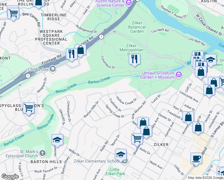 map of restaurants, bars, coffee shops, grocery stores, and more near 1214 Barton Hills Drive in Austin