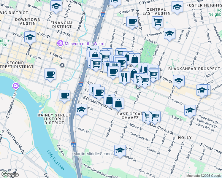 map of restaurants, bars, coffee shops, grocery stores, and more near 1207 East 4th Street in Austin