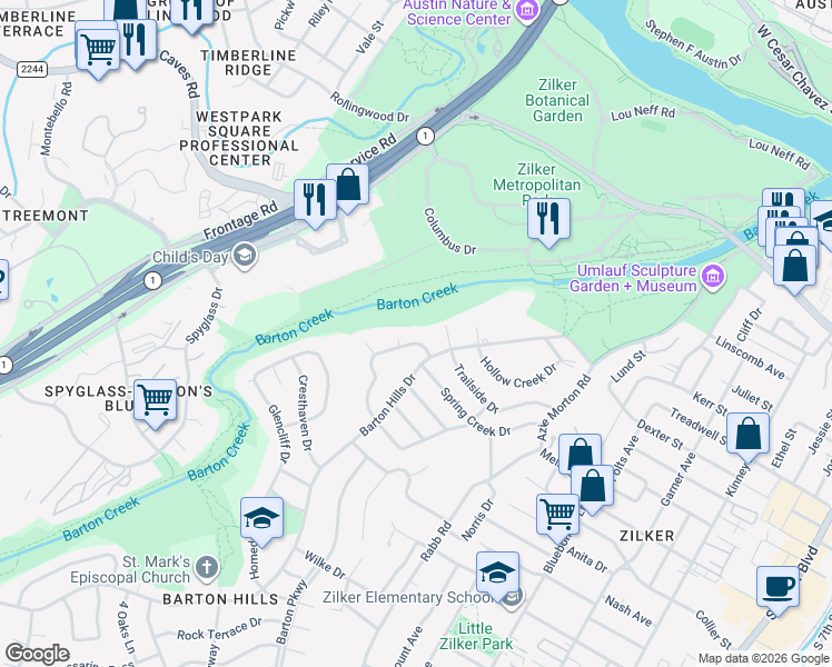 map of restaurants, bars, coffee shops, grocery stores, and more near 2629 Deerfoot Trail in Austin
