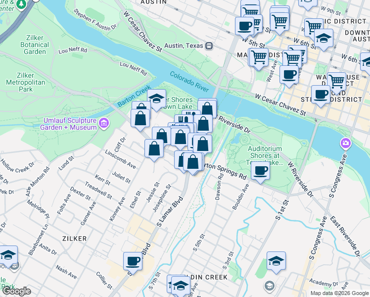 map of restaurants, bars, coffee shops, grocery stores, and more near 415 Jessie Street in Austin