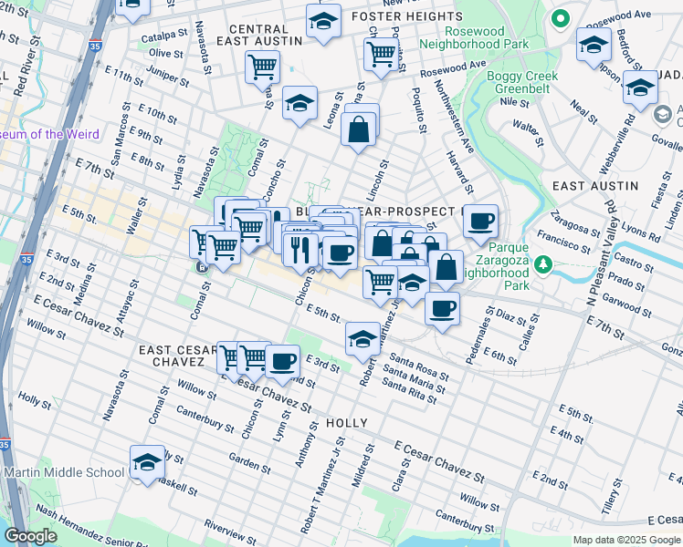 map of restaurants, bars, coffee shops, grocery stores, and more near 1923 East 7th Street in Austin