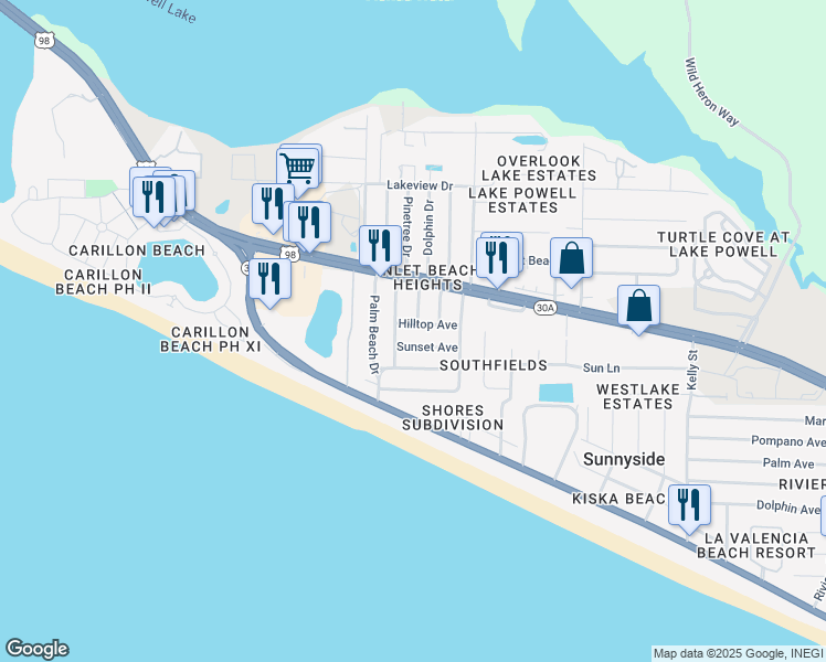 map of restaurants, bars, coffee shops, grocery stores, and more near 22604 Hilltop Avenue in Panama City Beach