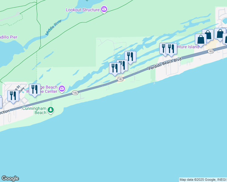 map of restaurants, bars, coffee shops, grocery stores, and more near 24151 Perdido Beach Boulevard in Orange Beach