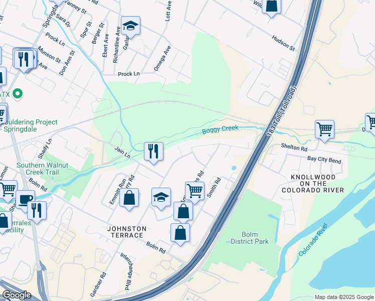 map of restaurants, bars, coffee shops, grocery stores, and more near 6101 Lotus Lane in Austin