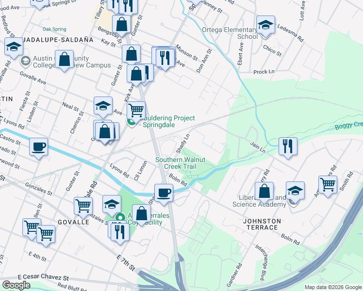 map of restaurants, bars, coffee shops, grocery stores, and more near 1142 Shady Lane in Austin