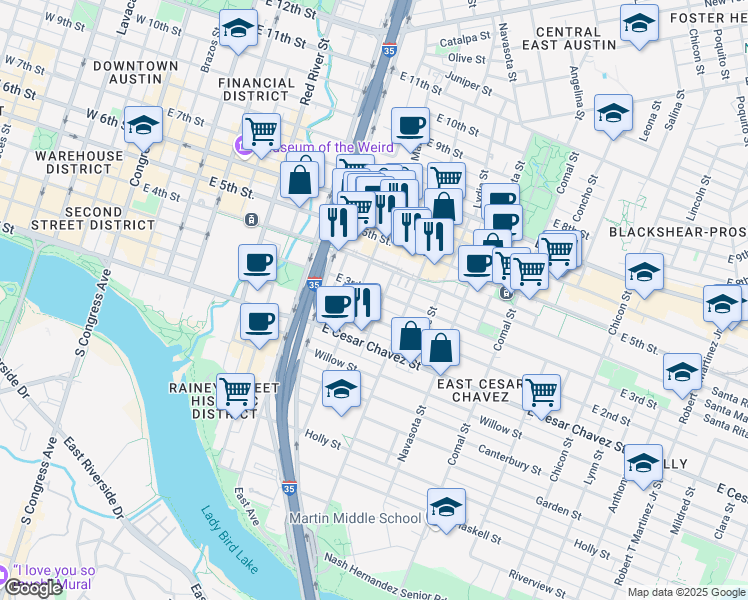 map of restaurants, bars, coffee shops, grocery stores, and more near 1101 East 4th Street in Austin