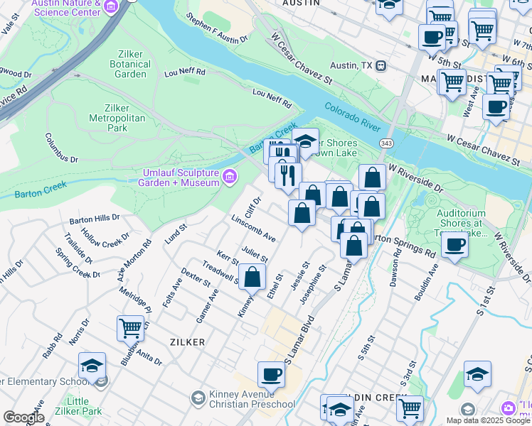 map of restaurants, bars, coffee shops, grocery stores, and more near 502 Cater Drive in Austin