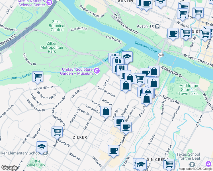 map of restaurants, bars, coffee shops, grocery stores, and more near 502 Cater Drive in Austin