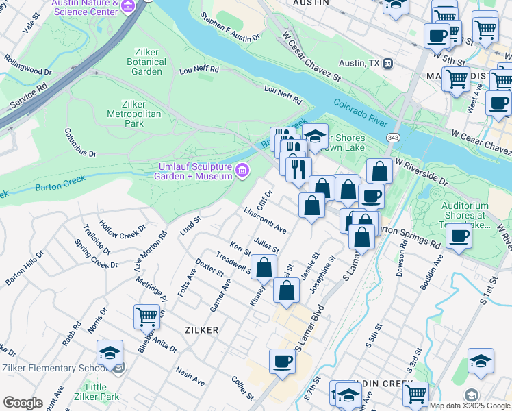 map of restaurants, bars, coffee shops, grocery stores, and more near 603 Barton Boulevard in Austin