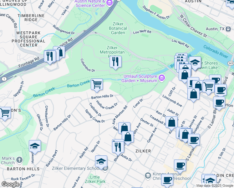 map of restaurants, bars, coffee shops, grocery stores, and more near 1200 Barton Hills Drive in Austin