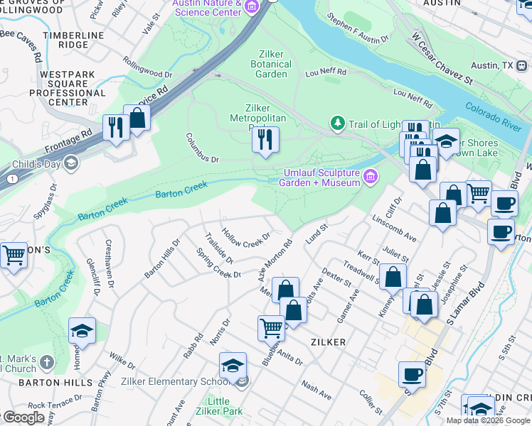 map of restaurants, bars, coffee shops, grocery stores, and more near 1200 Barton Hills Drive in Austin