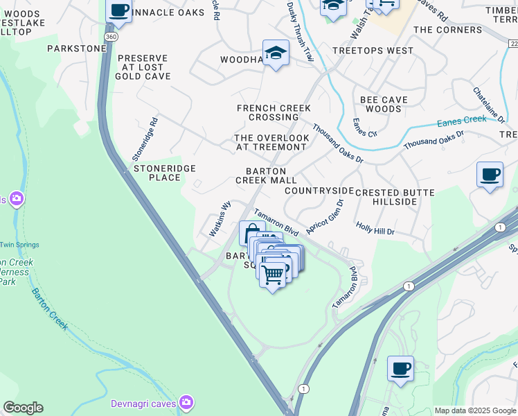 map of restaurants, bars, coffee shops, grocery stores, and more near 2228 Tarlton Cove in Austin