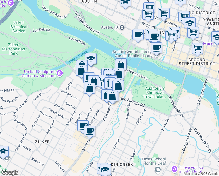 map of restaurants, bars, coffee shops, grocery stores, and more near 408 Josephine Street in Austin
