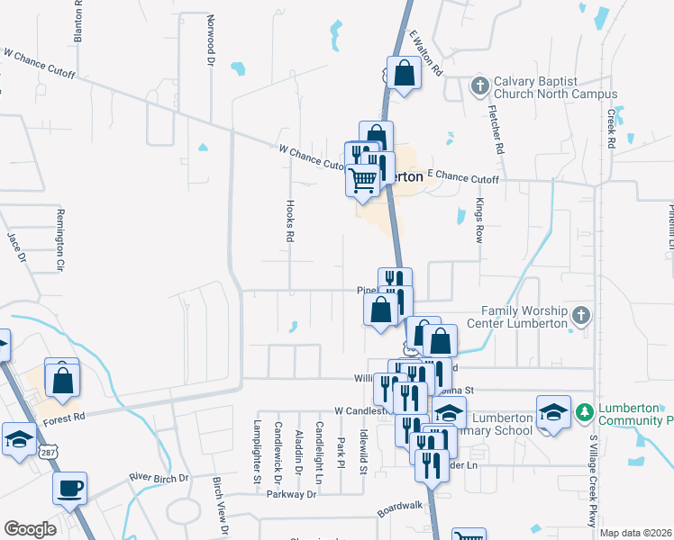 map of restaurants, bars, coffee shops, grocery stores, and more near 120 Rustic Lane in Lumberton