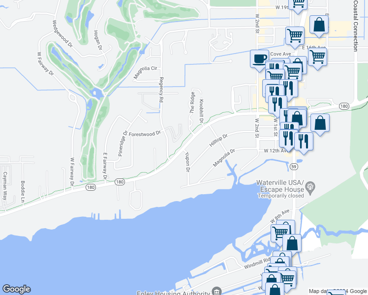 map of restaurants, bars, coffee shops, grocery stores, and more near 508 West Fort Morgan Road in Gulf Shores