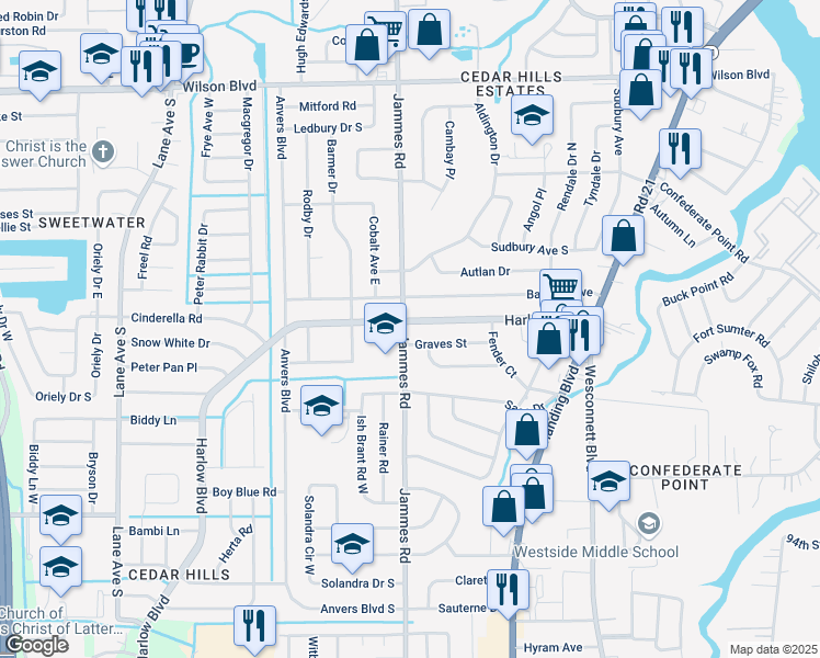 map of restaurants, bars, coffee shops, grocery stores, and more near 6350 Harlow Boulevard in Jacksonville
