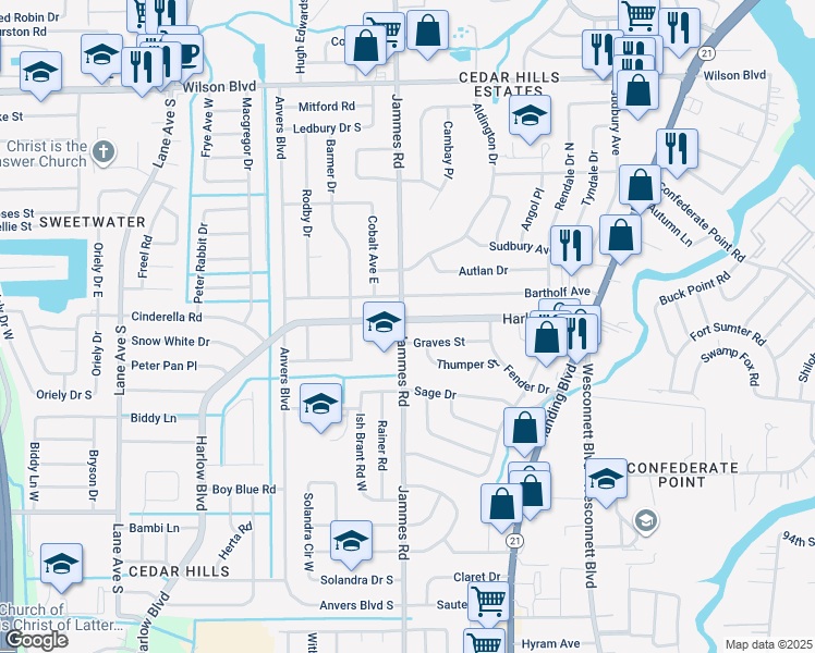 map of restaurants, bars, coffee shops, grocery stores, and more near 6350 Harlow Boulevard in Jacksonville