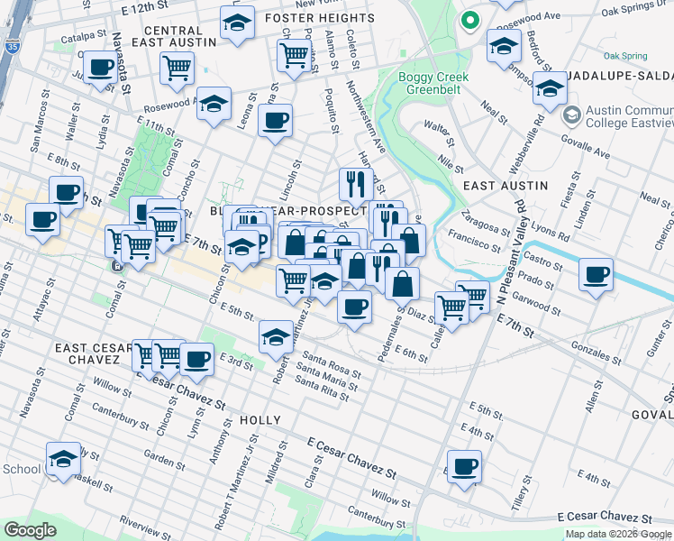 map of restaurants, bars, coffee shops, grocery stores, and more near 2220 Webberville Road in Austin