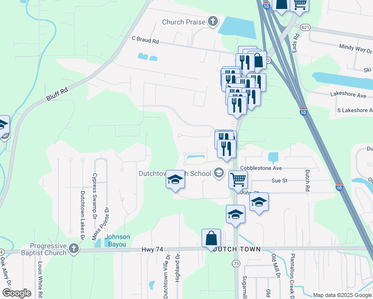 map of restaurants, bars, coffee shops, grocery stores, and more near 36404 Callaway Avenue in Geismar