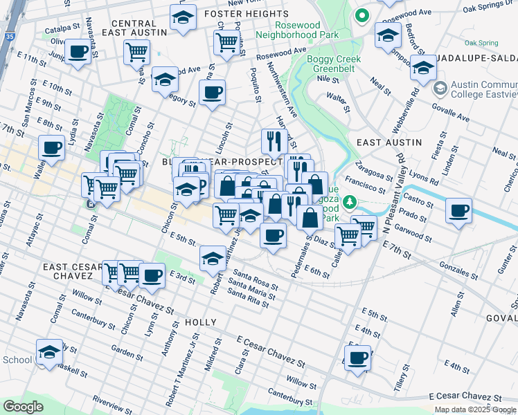 map of restaurants, bars, coffee shops, grocery stores, and more near 2200 East 8th Street in Austin